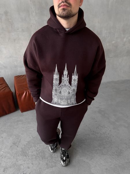 Мужской oversize спортивный костюм с принтом в коричневом цвете kos31 фото