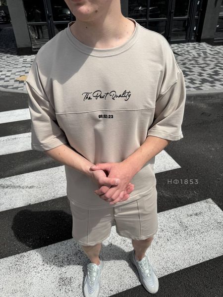 Чоловічий oversize костюм футболка + шорти у бежевому кольорі нф1853 фото