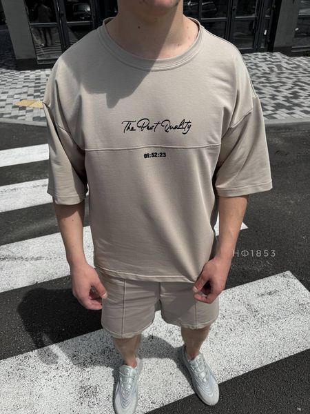 Чоловічий oversize костюм футболка + шорти у бежевому кольорі нф1853 фото