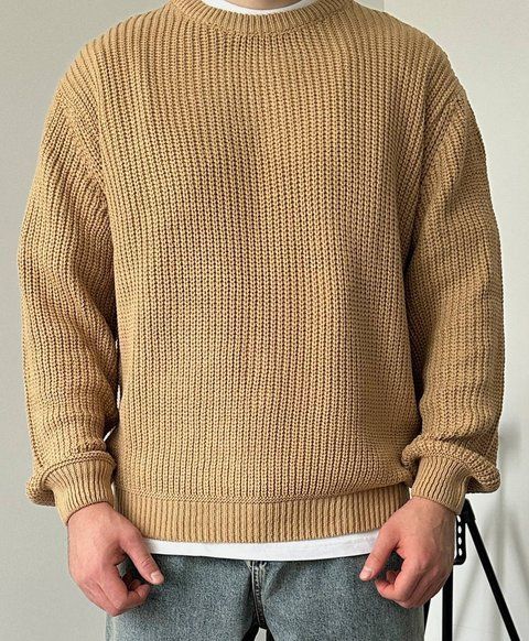 Мужской вязаный oversize свитер в бежевом цвете la157 фото