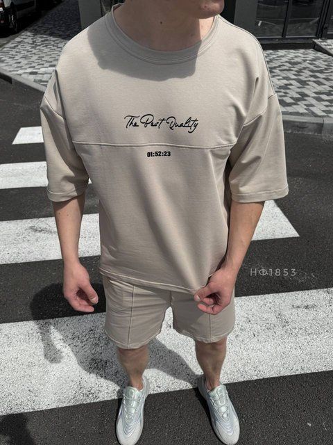 Чоловічий oversize костюм футболка + шорти у бежевому кольорі нф1853 фото