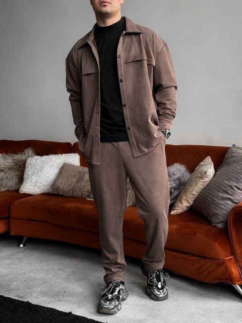 Чоловічий oversize костюм сорочка + штани у коричневому кольорі rb11 фото
