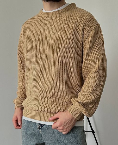 Мужской вязаный oversize свитер в бежевом цвете la157 фото