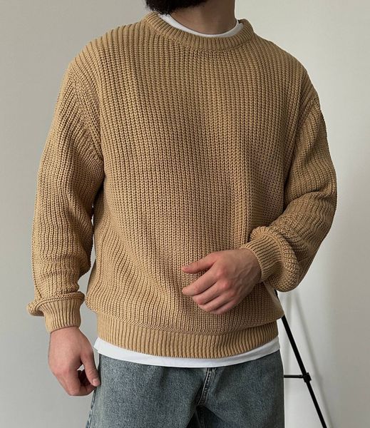 Мужской вязаный oversize свитер в бежевом цвете la157 фото