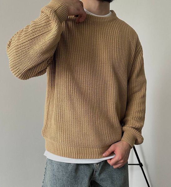 Мужской вязаный oversize свитер в бежевом цвете la157 фото
