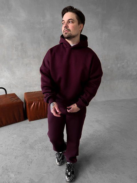 Мужской oversize спортивный костюм худи+брюки в бордовом цвете kos49 фото