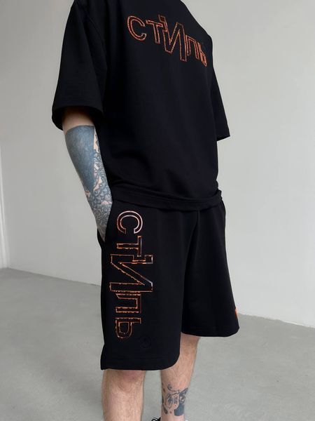 Мужской oversize комплект футболка+шорты с надписью в черном цвете hp327-S фото