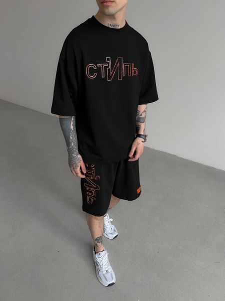 Мужской oversize комплект футболка+шорты с надписью в черном цвете hp327-S фото