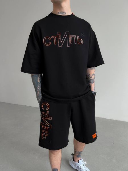 Мужской oversize комплект футболка+шорты с надписью в черном цвете hp327-S фото