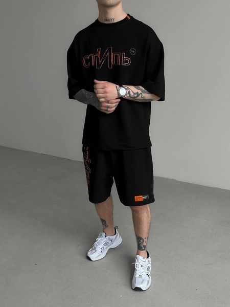 Мужской oversize комплект футболка+шорты с надписью в черном цвете hp327-S фото