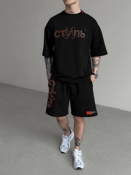 Мужской oversize комплект футболка+шорты с надписью в черном цвете hp327-S фото