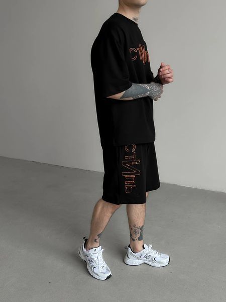 Мужской oversize комплект футболка+шорты с надписью в черном цвете hp327-S фото