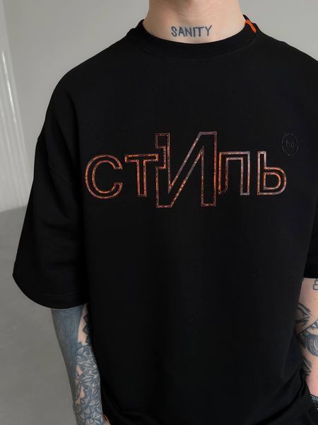 Мужской oversize комплект футболка+шорты с надписью в черном цвете hp327-S фото