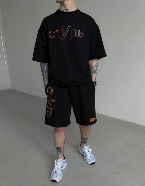 Мужской oversize комплект футболка+шорты с надписью в черном цвете hp327-S фото