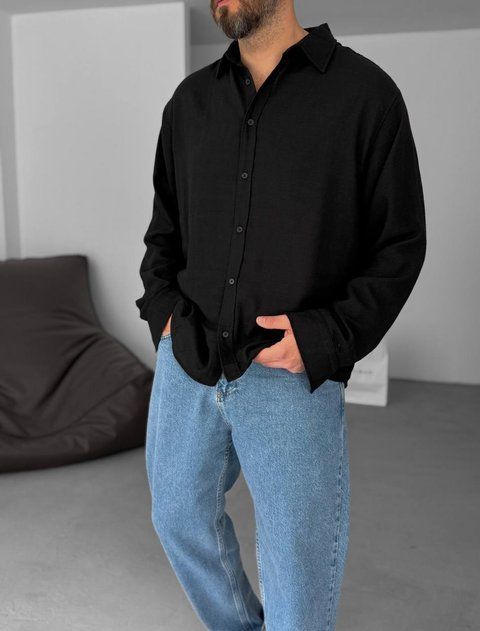 Мужская oversize рубашка в черном цвете rs904 фото
