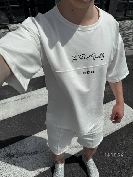 Чоловічий oversize костюм футболка + шорти у білому кольорі нф854 фото