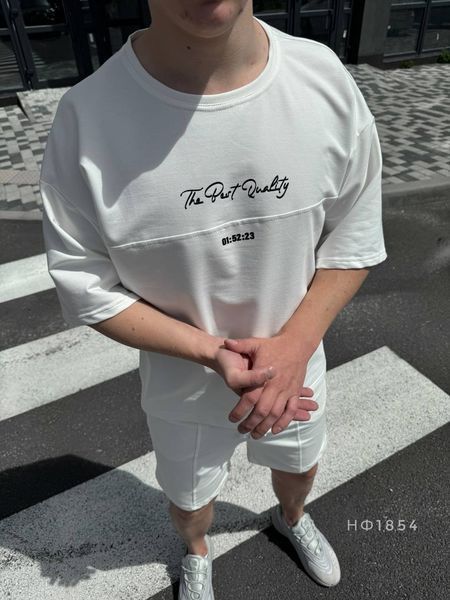 Чоловічий oversize костюм футболка + шорти у білому кольорі нф854 фото