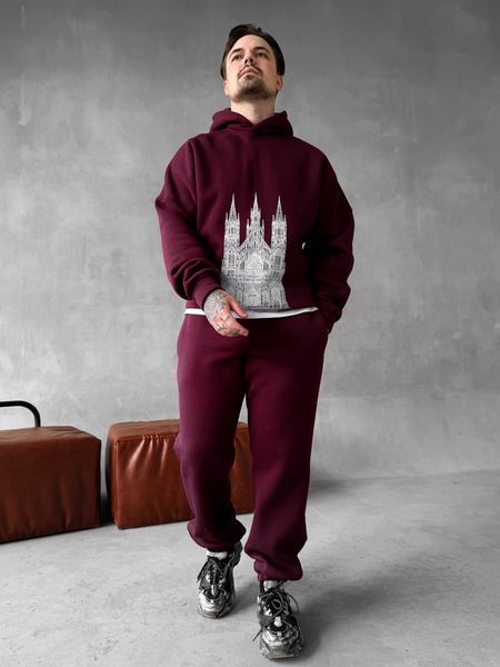 Мужской oversize спортивный костюм с принтом в бордовом цвете kos29 фото