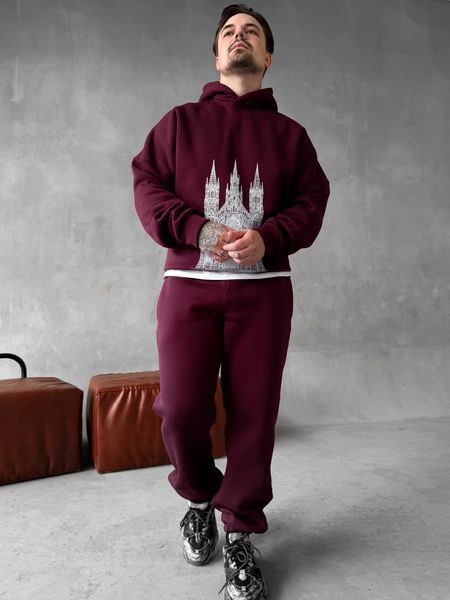 Мужской oversize спортивный костюм с принтом в бордовом цвете kos29 фото
