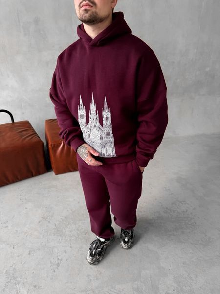 Мужской oversize спортивный костюм с принтом в бордовом цвете kos29 фото