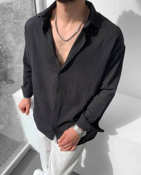 Мужская oversize рубашка в черном цвете gm901 фото