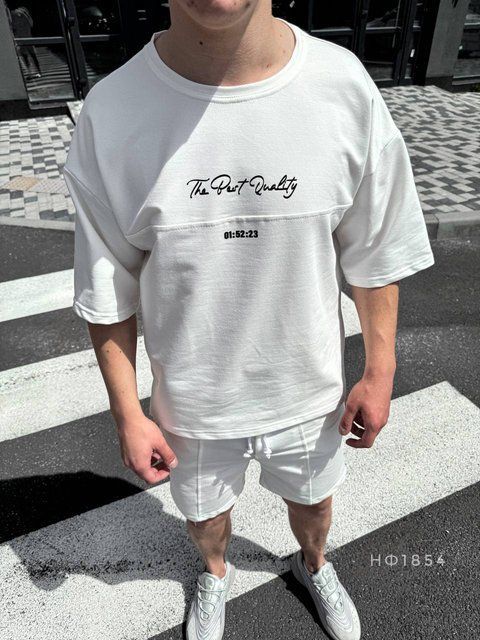 Чоловічий oversize костюм футболка + шорти у білому кольорі нф854 фото