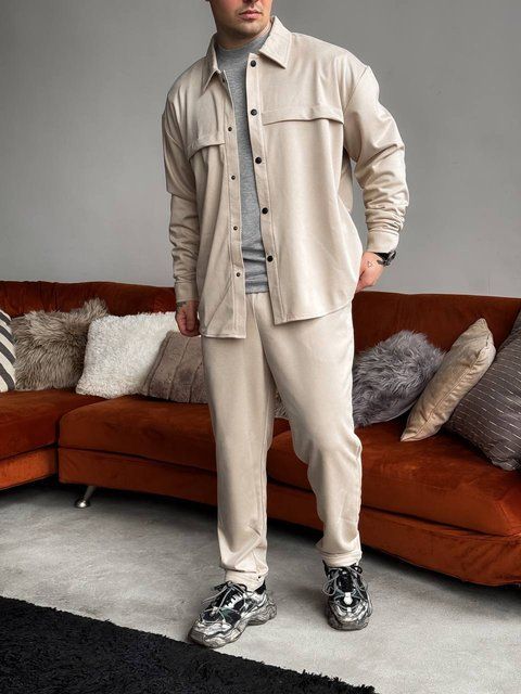 Чоловічий oversize костюм сорочка + штани у бежевому кольорі rb10 фото