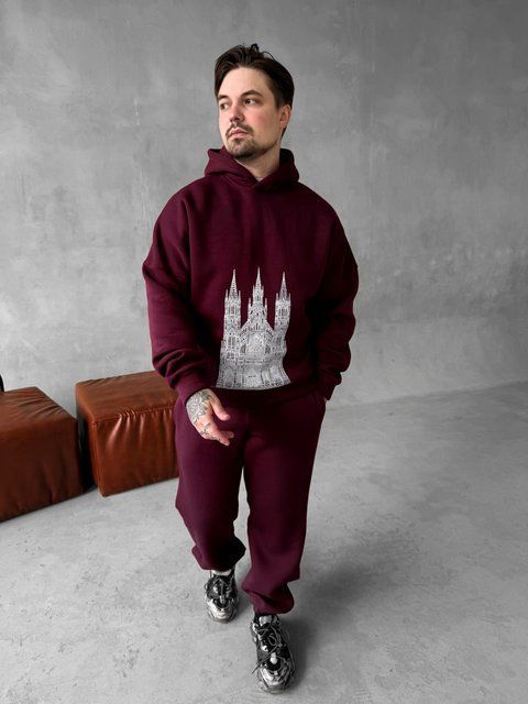 Мужской oversize спортивный костюм с принтом в бордовом цвете kos29 фото