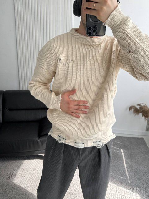 Мужской oversize свитер в бежевом цвете sw82 фото