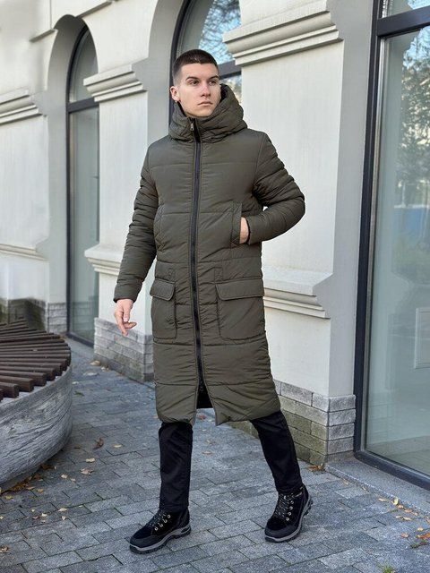Чоловіча довга зимова куртка у кольорі хакі owku45kh фото