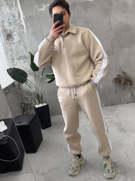 Мужской oversize костюм на флисе в бежевом цвете aln6k фото