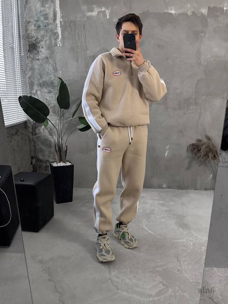 Мужской oversize костюм на флисе в бежевом цвете aln6k фото