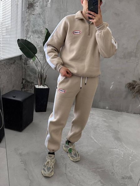 Мужской oversize костюм на флисе в бежевом цвете aln6k фото