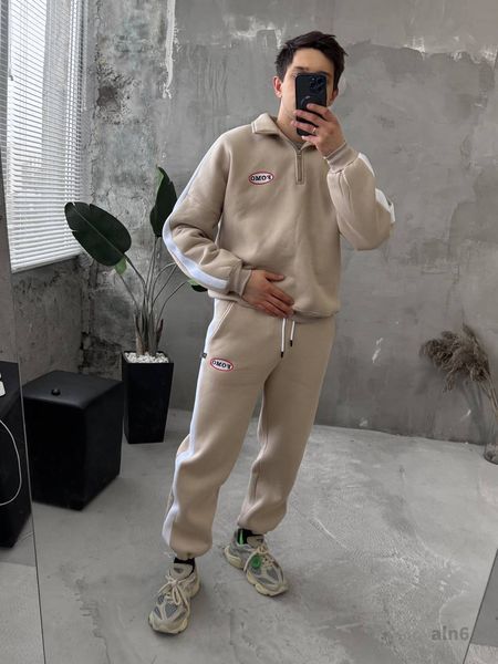 Мужской oversize костюм на флисе в бежевом цвете aln6k фото