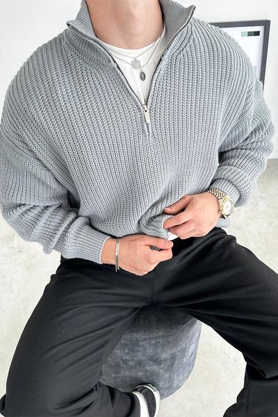 Мужской оверсайз свитер с молнией в сером цвете mr109k фото