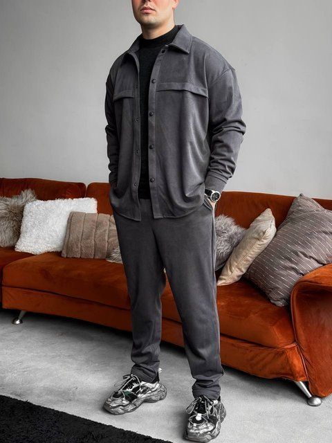 Мужской oversize костюм рубашка + брюки в графитовом цвете rb9 фото
