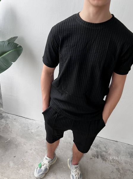 Чоловічий літній oversize костюм футболка + шорти у чорному кольорі sfkk1-S фото