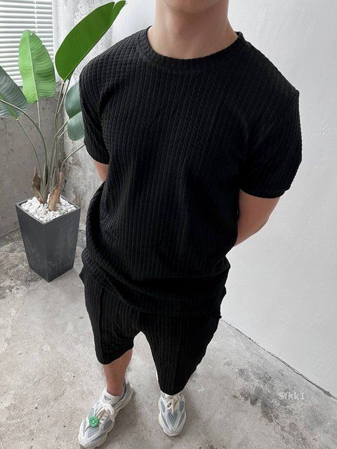 Чоловічий літній oversize костюм футболка + шорти у чорному кольорі sfkk1-S фото
