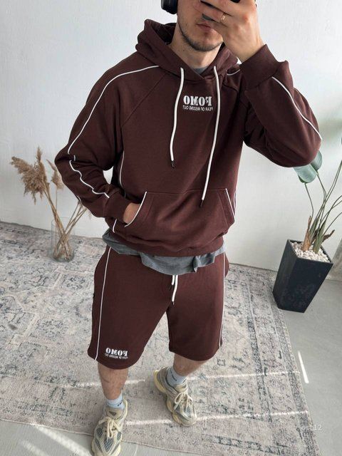 Чоловічий oversize костюм худі+шорти у коричневому кольорі ost12-S фото