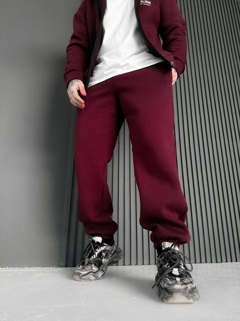 Мужские утепленные спортивные oversize брюки в бордовом цвете krr12 фото