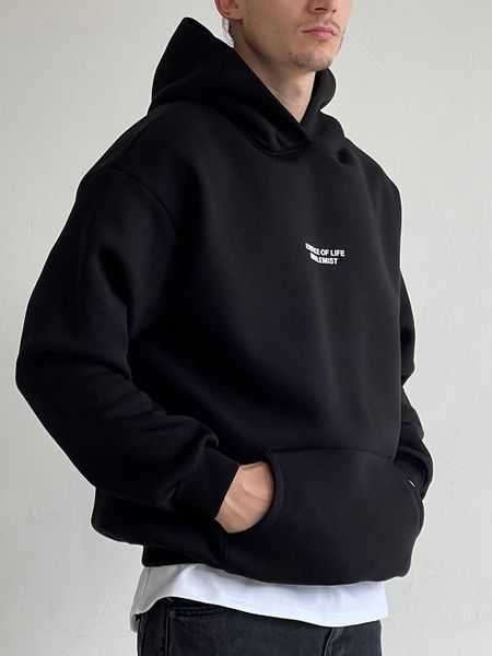 Мужское oversize худи на флисе в черном цвете u01302 фото