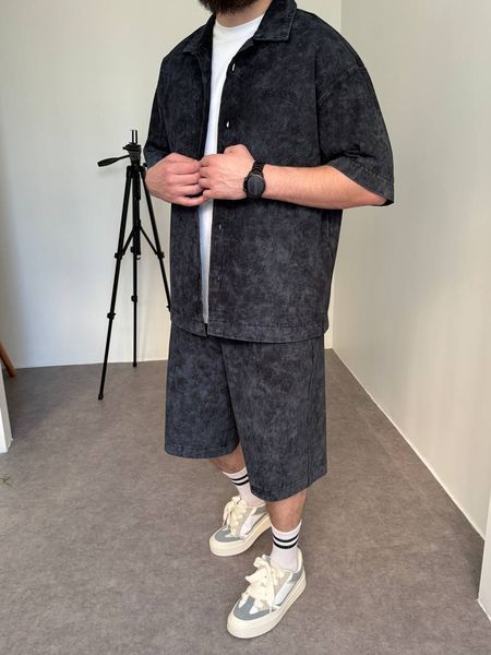 Мужской oversize комплект рубашка + шорты в темно-сером цвете bm346-XL фото