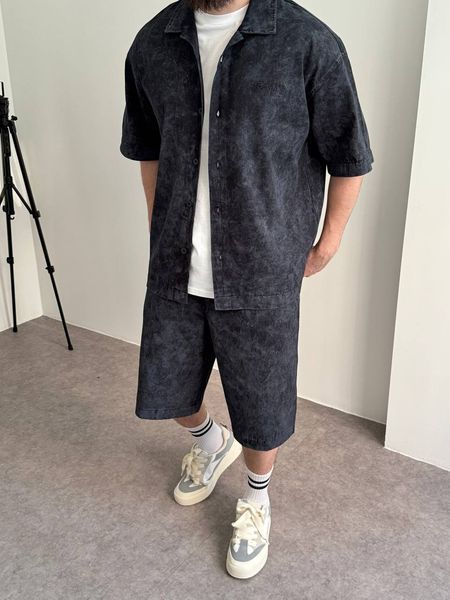Мужской oversize комплект рубашка + шорты в темно-сером цвете bm346-XL фото