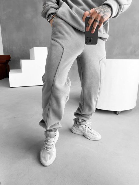 Мужские oversize флисовые брюки в сером цвете v11 фото