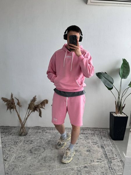 Чоловічий oversize костюм худі+шорти у рожевому кольорі ost13-S фото