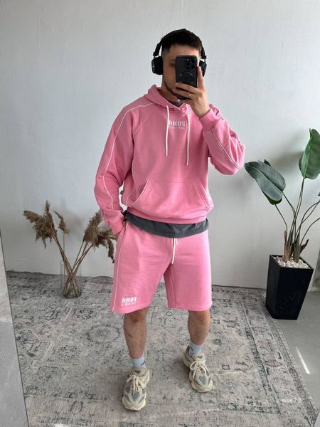 Чоловічий oversize костюм худі+шорти у рожевому кольорі ost13-S фото