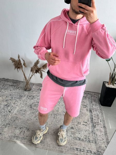 Чоловічий oversize костюм худі+шорти у рожевому кольорі ost13-S фото