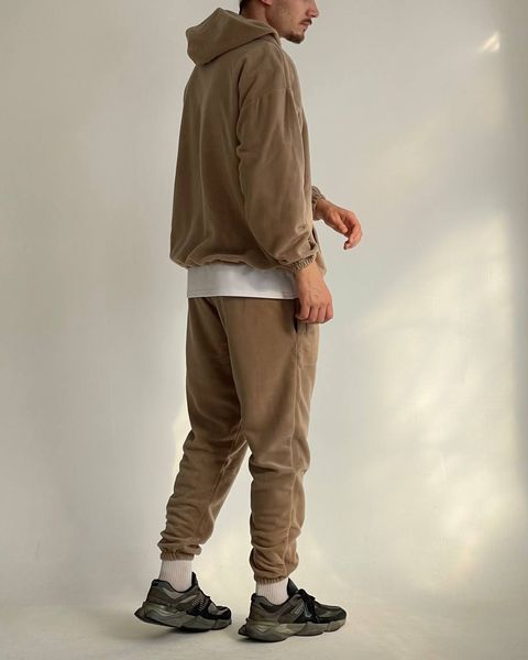 Чоловічий oversize флісовий костюм худі+штани у бежевому кольорі l01704 фото