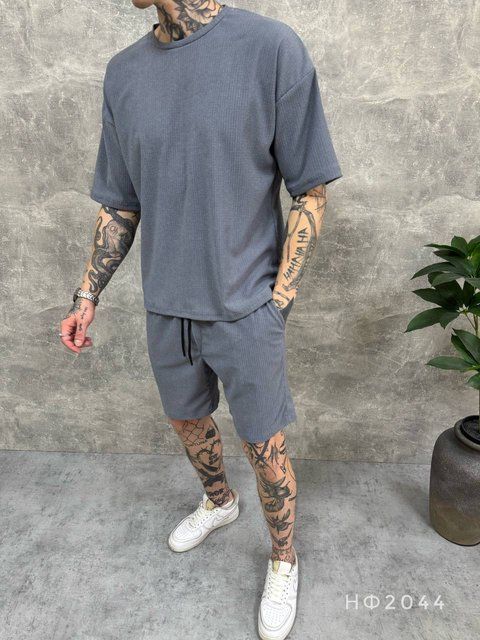 Мужской фактурный костюм футболка+шорты в графитовом цвете нф2044-S фото
