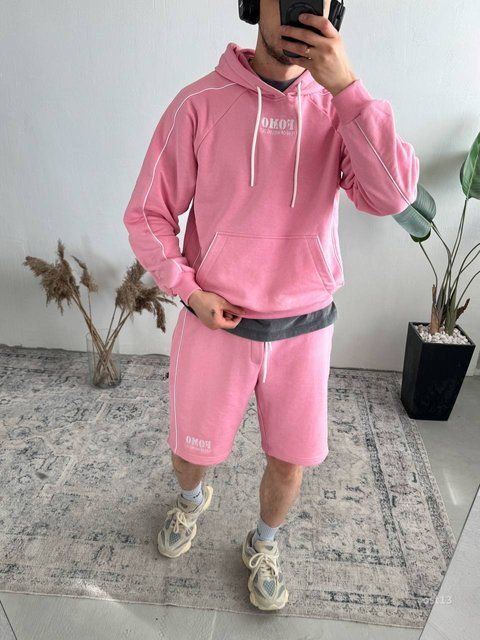 Чоловічий oversize костюм худі+шорти у рожевому кольорі ost13-S фото